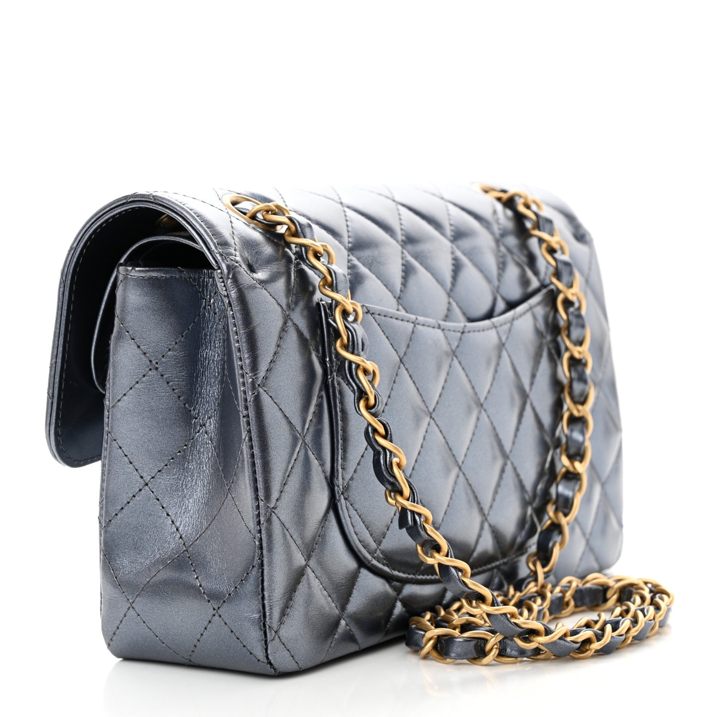 Metallic Lambskin Quilted Small Double Flap Blue