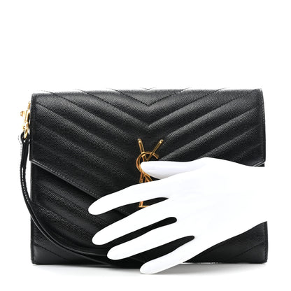 Saint Laurent Grain De Poudre Matelasse Chevron Monogram Envelope Clutch Black 2 of 7