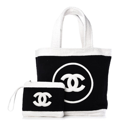 Chanel Terry Cotton CC Beach Tote Towel Set Black White 1 of 12