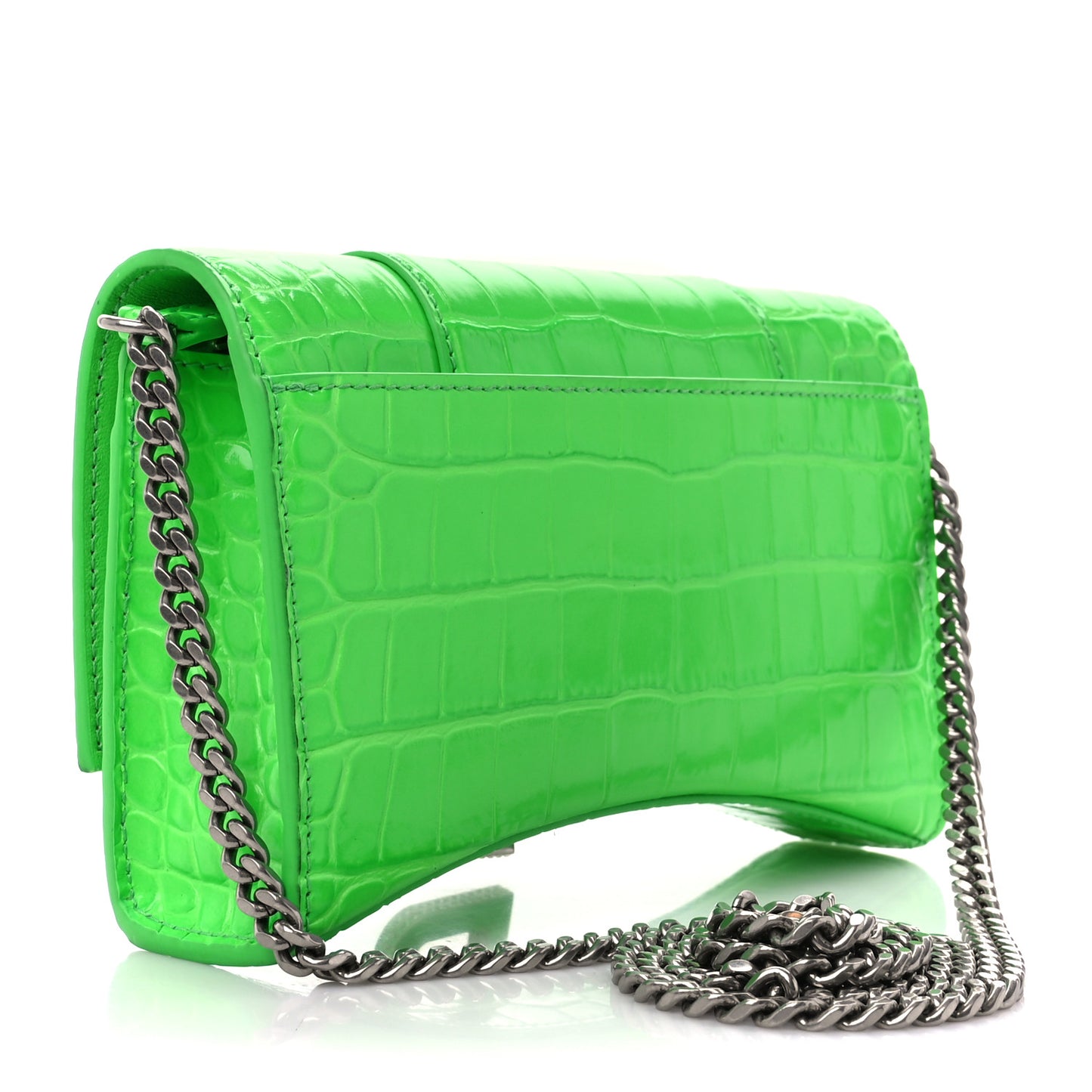 Shiny Calfskin Strass Crocodile Embossed Hourglass Chain Bag Fluo Green