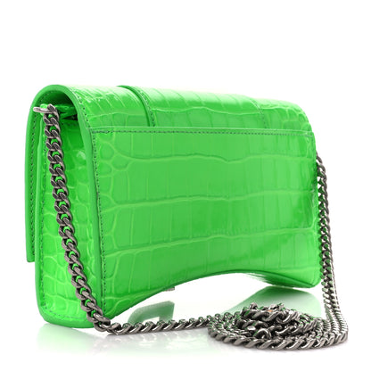 Balenciaga Shiny Calfskin Strass Crocodile Embossed Hourglass Chain Bag Fluo Green 3 of 10