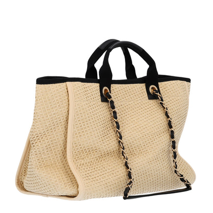 Chanel Straw Raffia Calfskin Chain Medium Deauville Tote Beige Black 2 of 9