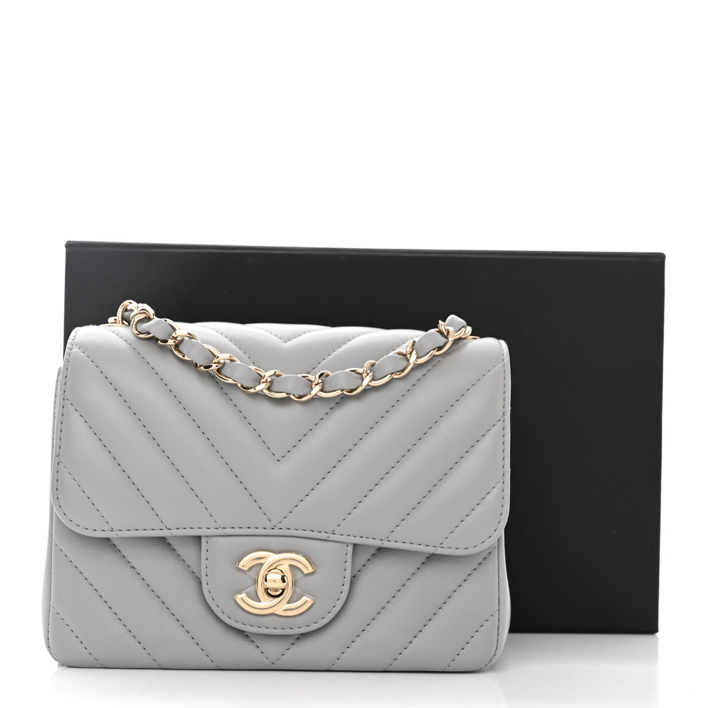 Lambskin Chevron Quilted Mini Square Flap Grey