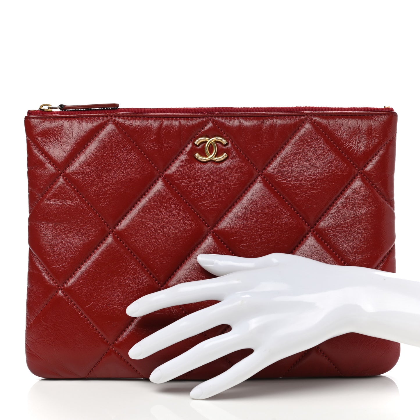 Shiny Lambskin Quilted CC Large Cosmetic Case Red