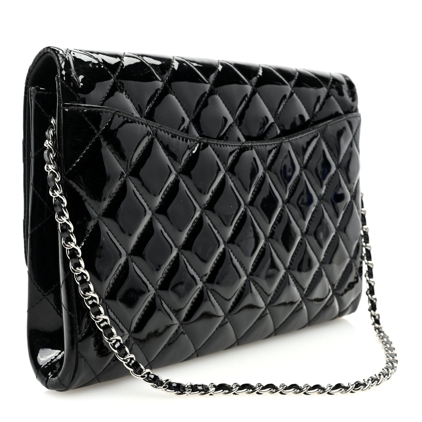 Patent Quilted Clutch with Chain Flap Black