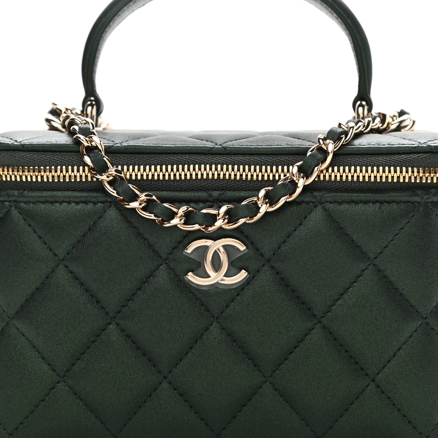 Iridescent Lambskin Quilted Small Top Handle Vanity Case With Chain Green