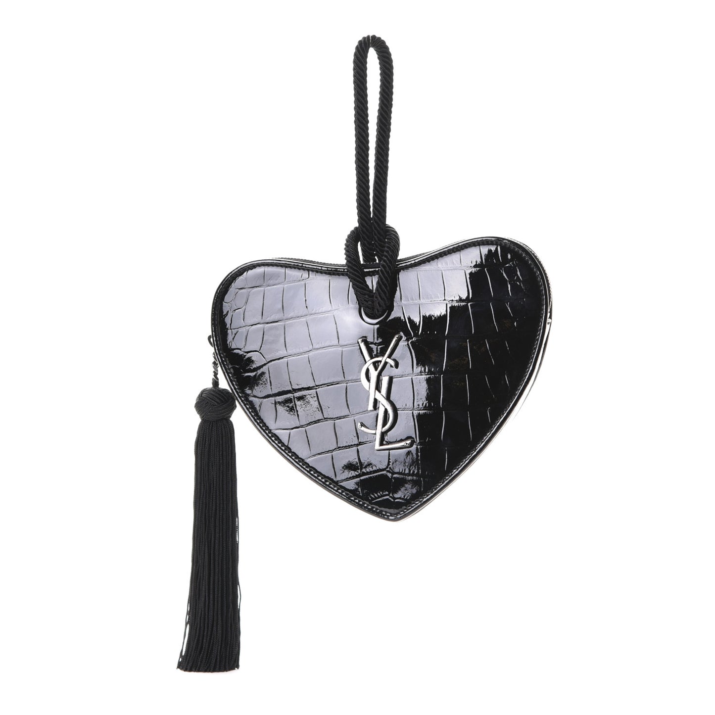 Patent Crocodile Embossed Sac Coeur Heart Shaped Clutch Black