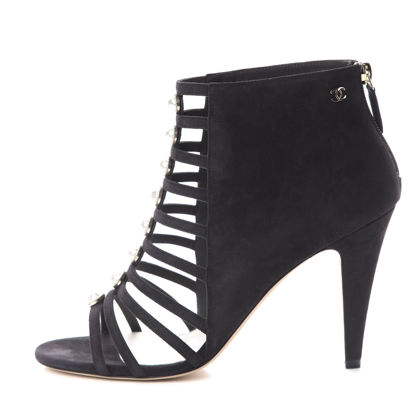 Suede Pearl Open Toe Caged Ankle Boots 40 Dark Grey