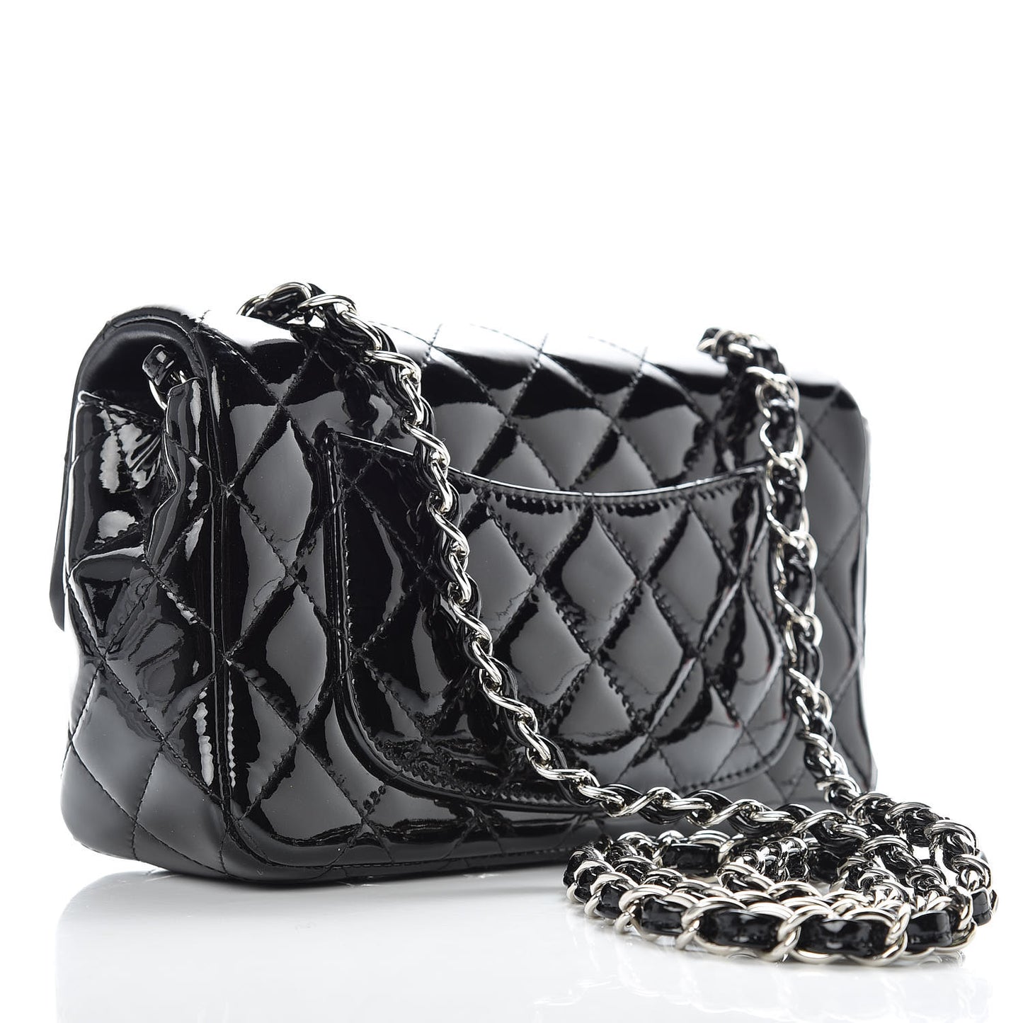Patent Calfskin Quilted Mini Rectangular Flap Black