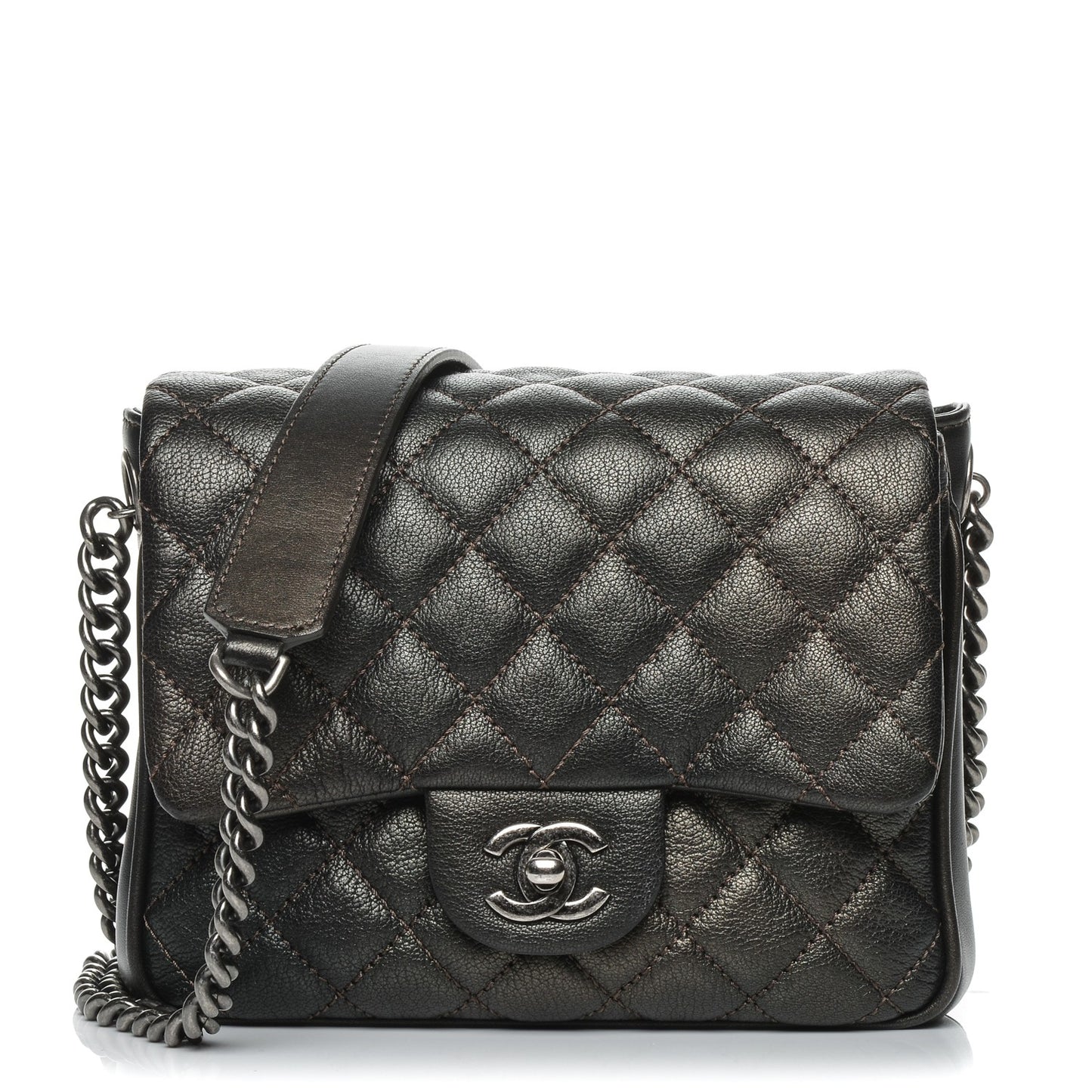 Metallic Goatskin Quilted Small Rock In Rome Flap Charcoal