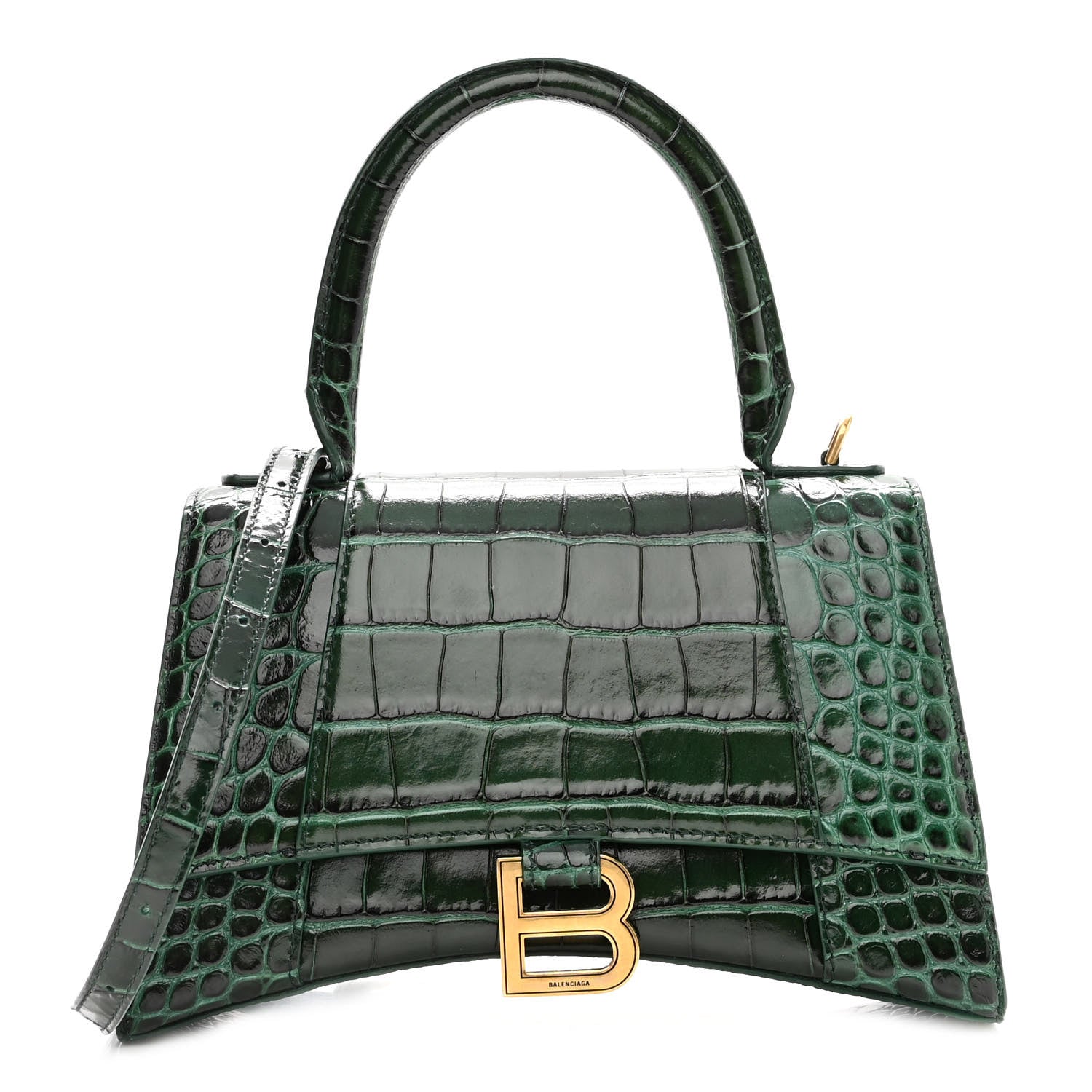 Balenciaga Shiny Calfskin Crocodile Embossed Small Hourglass Top Handle Bag Forest Green 1 of 9