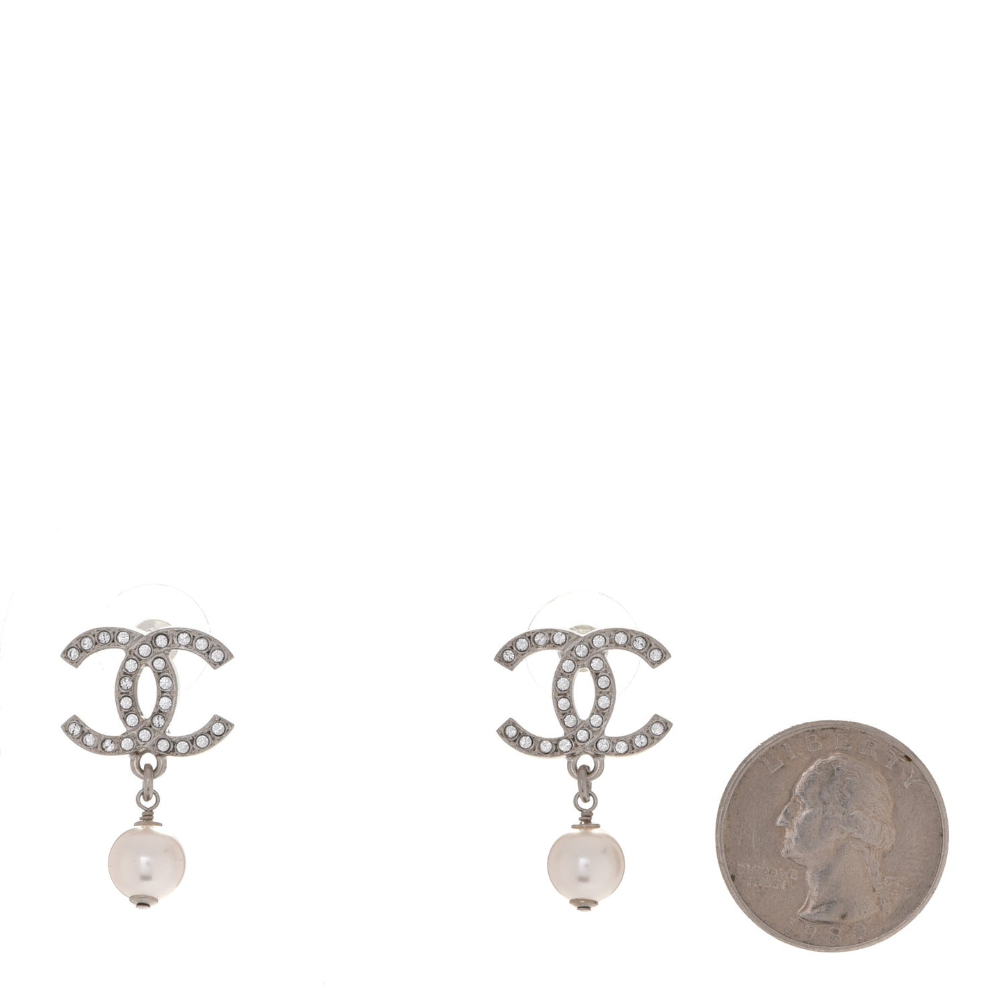 Crystal Pearl CC Drop Earrings Silver