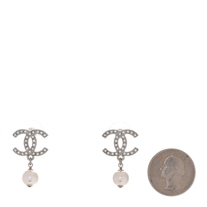 Chanel Crystal Pearl CC Drop Earrings Silver 2 of 5