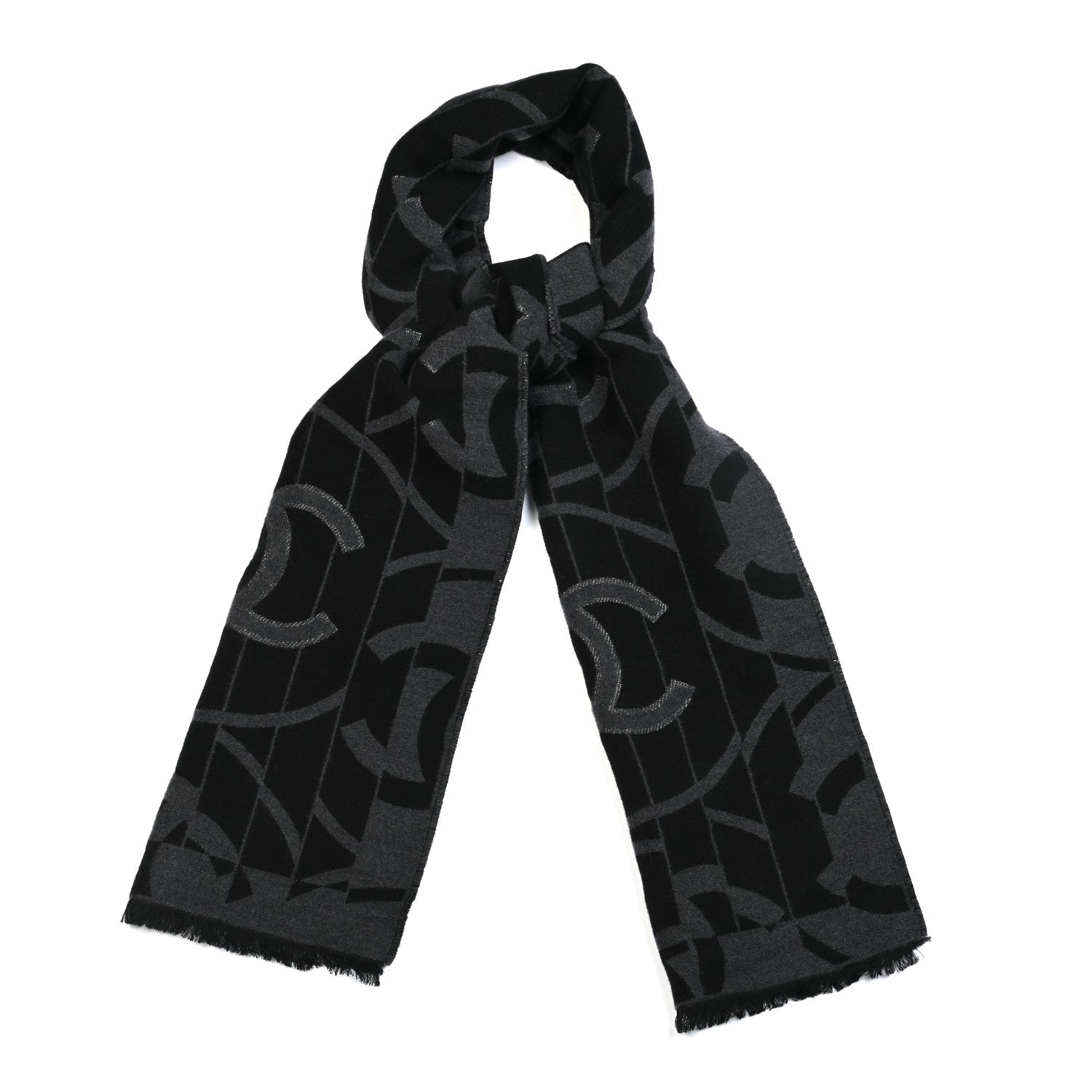 Chanel Wool Silk CC Scarf Grey Black 1 of 4