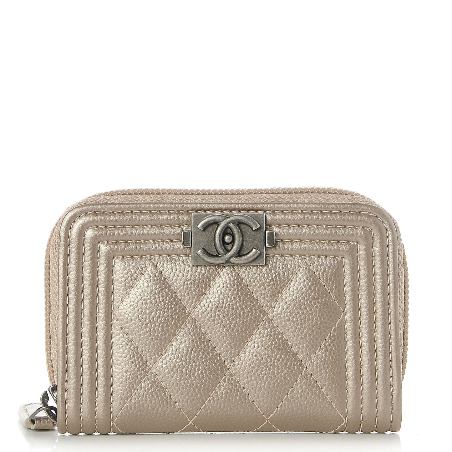 Metallic Caviar Quilted Boy Zip Around Coin Purse Wallet Copper