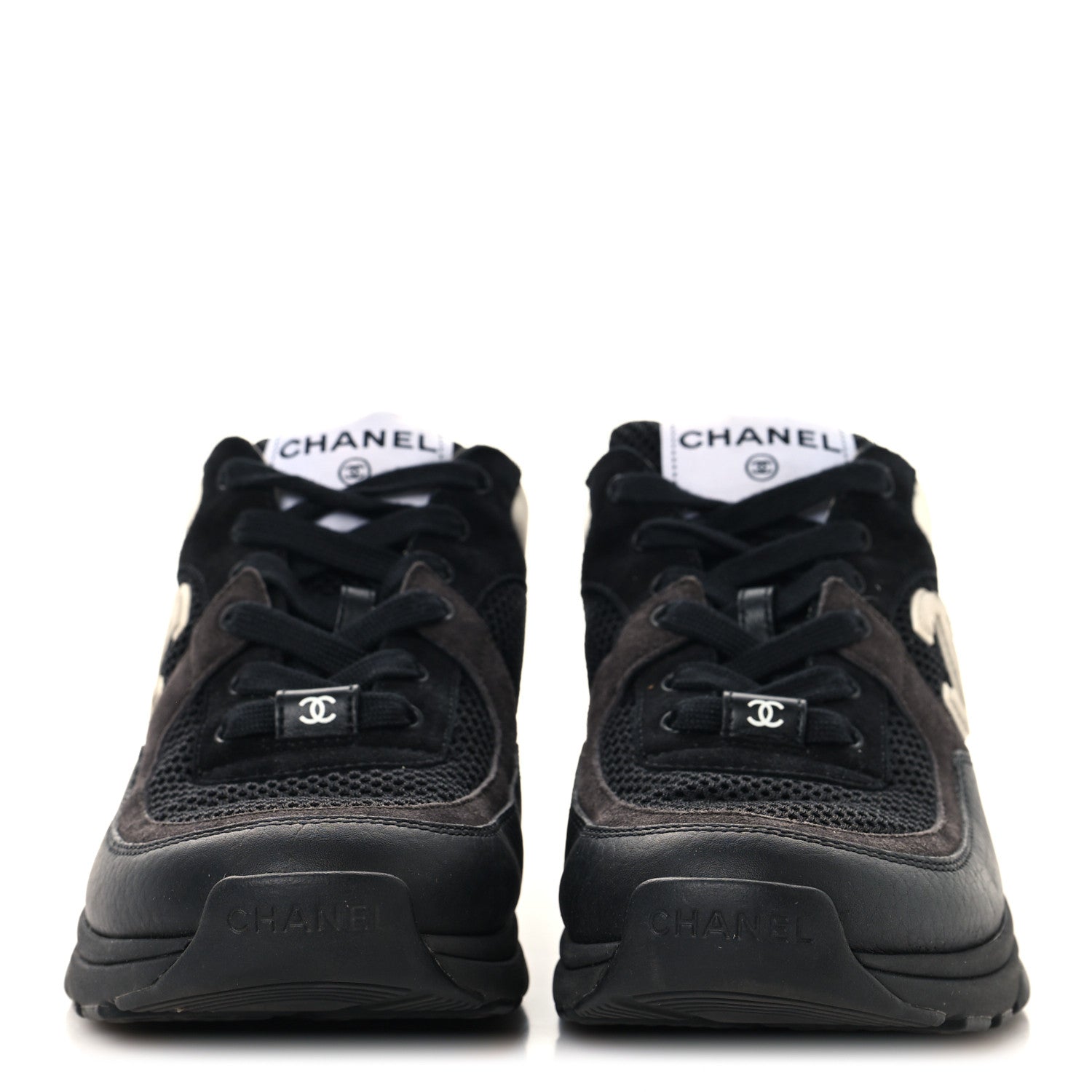 Chanel Mesh Suede Grained Calfskin Womens CC Sneakers 37.5 Black White 3 of 9