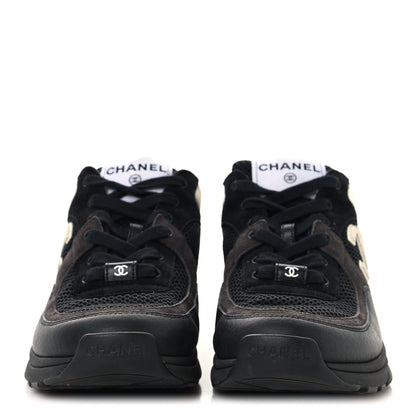 Chanel Mesh Suede Grained Calfskin Womens CC Sneakers 37.5 Black White 3 of 9