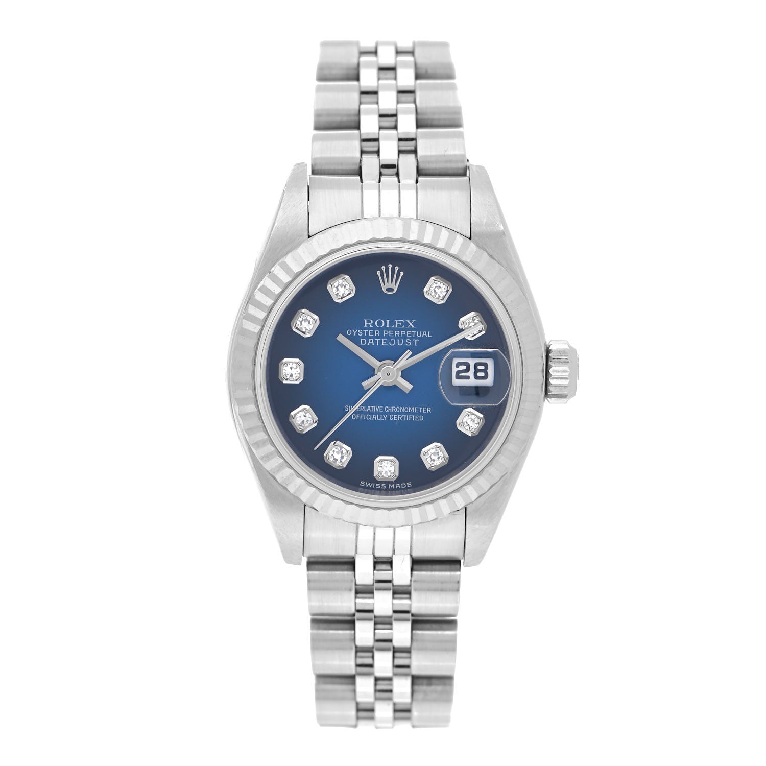 Rolex Stainless Steel 18K White Gold Diamond 26mm Oyster Perpetual Datejust Watch Blue Gradient 79174 1 of 4