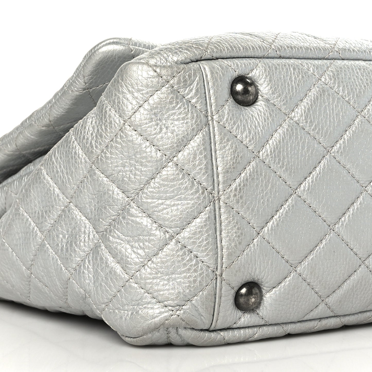 Metallic Calfskin Quilted XXL Travel Flap Bag Silver