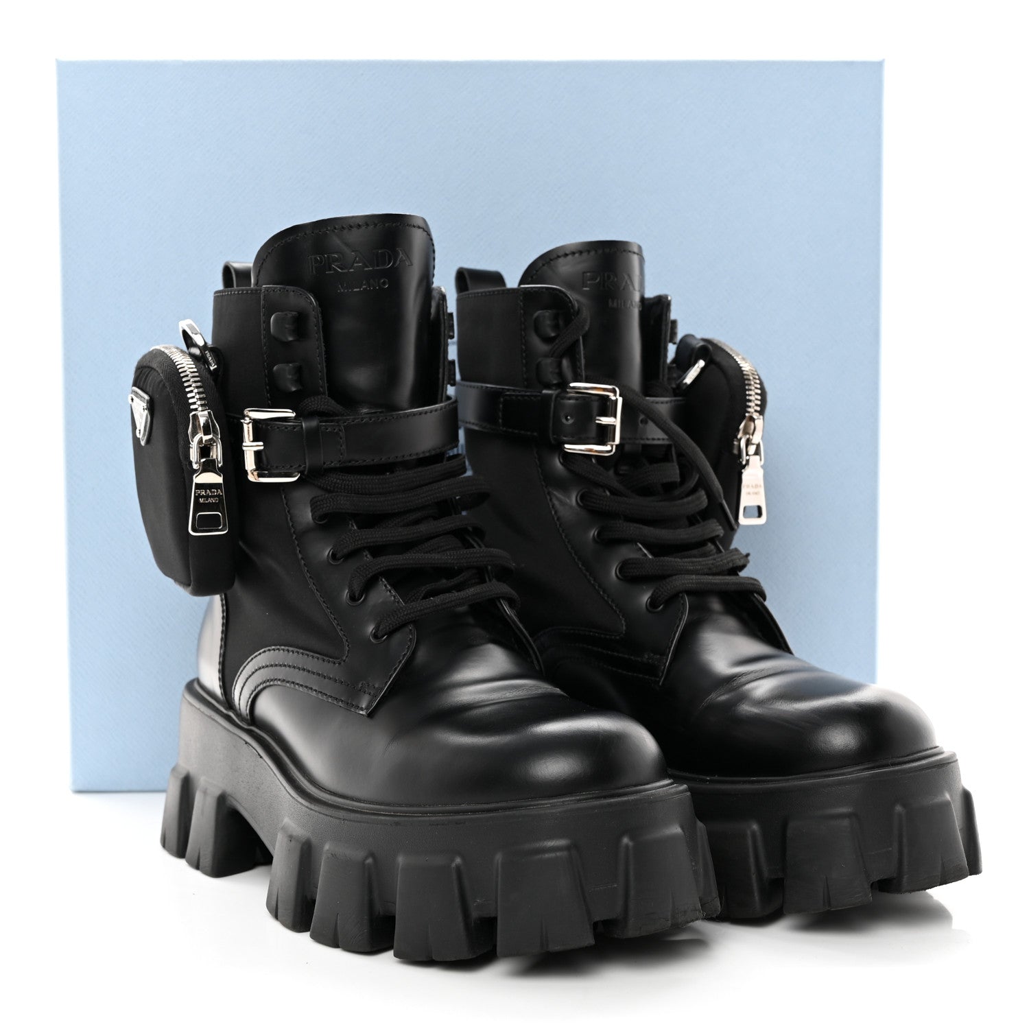 Prada Spazzolato Rois Re-Nylon Metal Triangle Logo Monolith Pouch Pocket 55mm Boots 37 Black 11 of 11