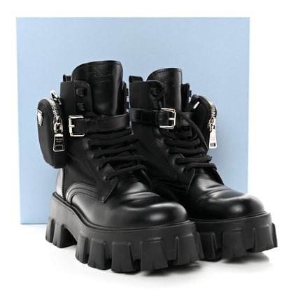 Prada Spazzolato Rois Re-Nylon Metal Triangle Logo Monolith Pouch Pocket 55mm Boots 37 Black 11 of 11
