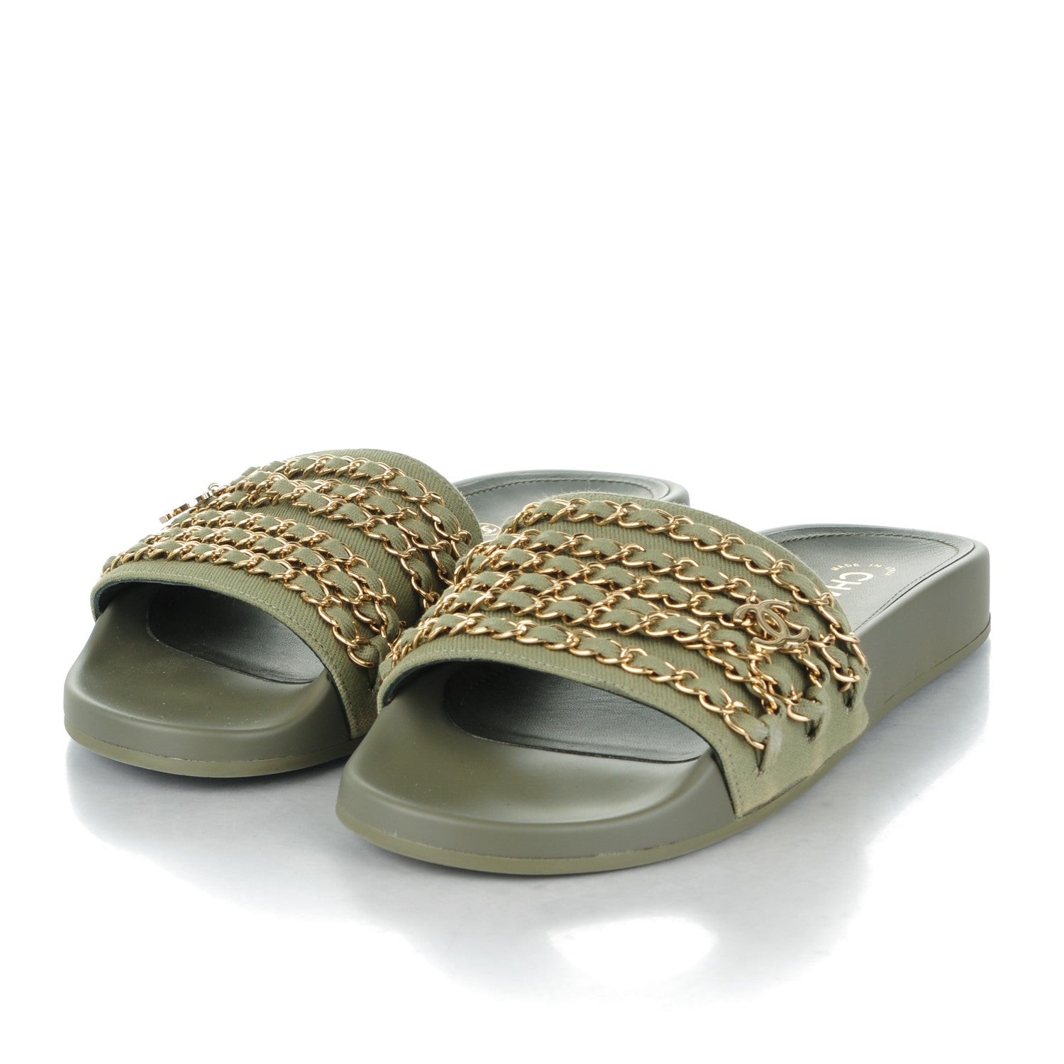 Chanel Canvas Chain Flat Sandals 39 Khaki 3 of 7