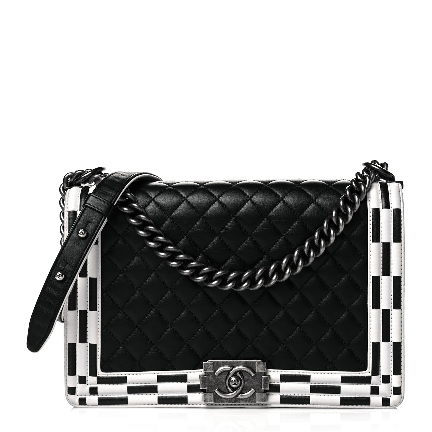 Calfskin Quilted Checkerboard Trim New Medium Boy Flap Black White