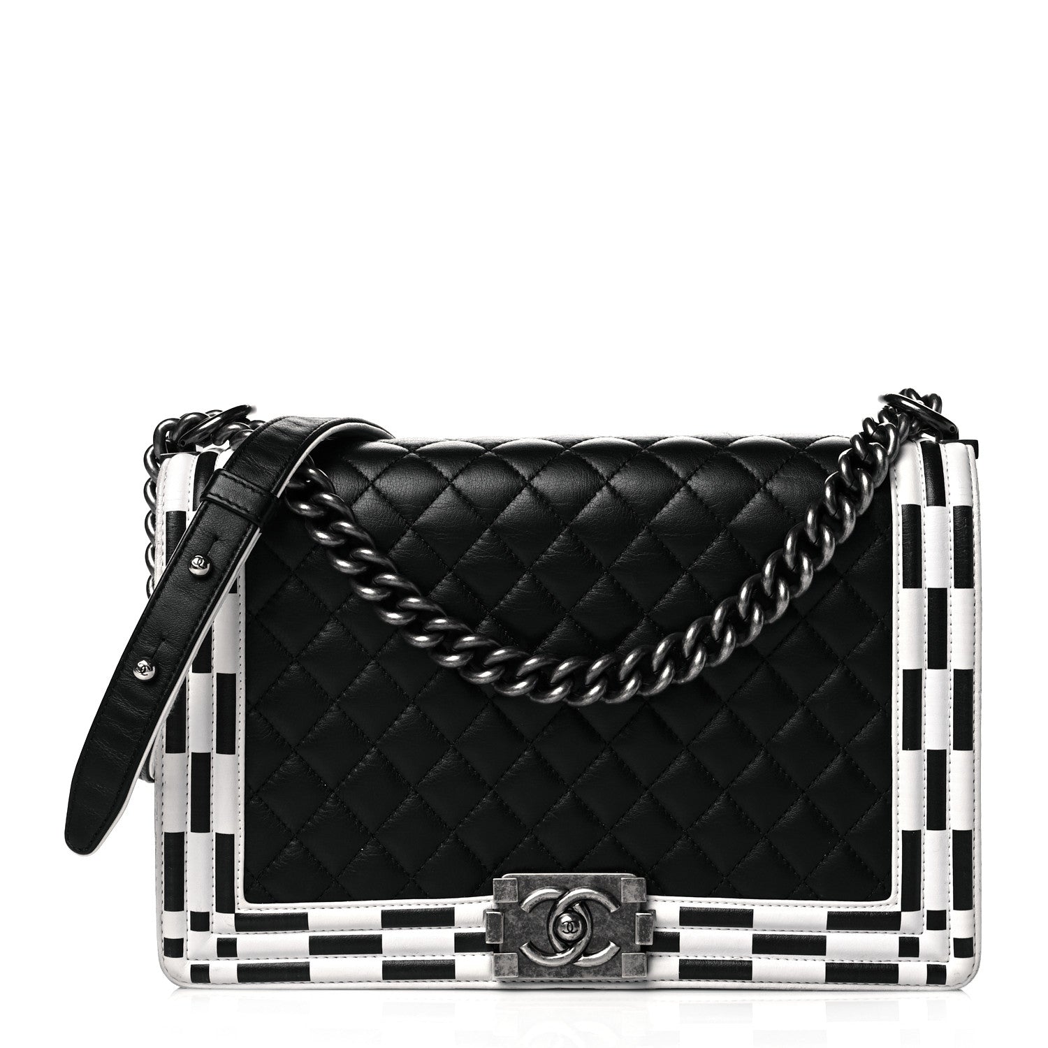 Chanel Calfskin Quilted Checkerboard Trim New Medium Boy Flap Black White 1 of 10