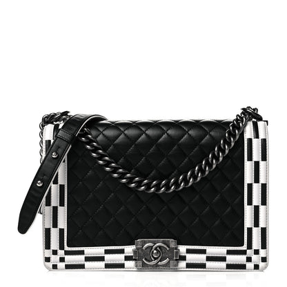 Chanel Calfskin Quilted Checkerboard Trim New Medium Boy Flap Black White 1 of 10