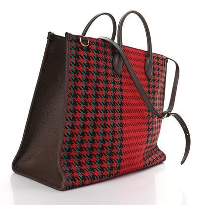 Gucci Cotton Wool Textured Calfskin Houndstooth Woven Large Interlocking G Tote Red Green Ivory Multicolor New Acero 2 of 11