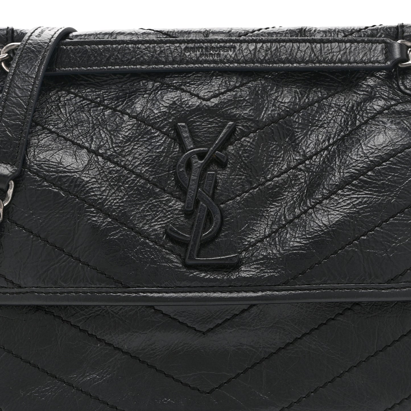 Crinkled Calfskin Matelasse Monogram Medium Niki Chain Satchel Black