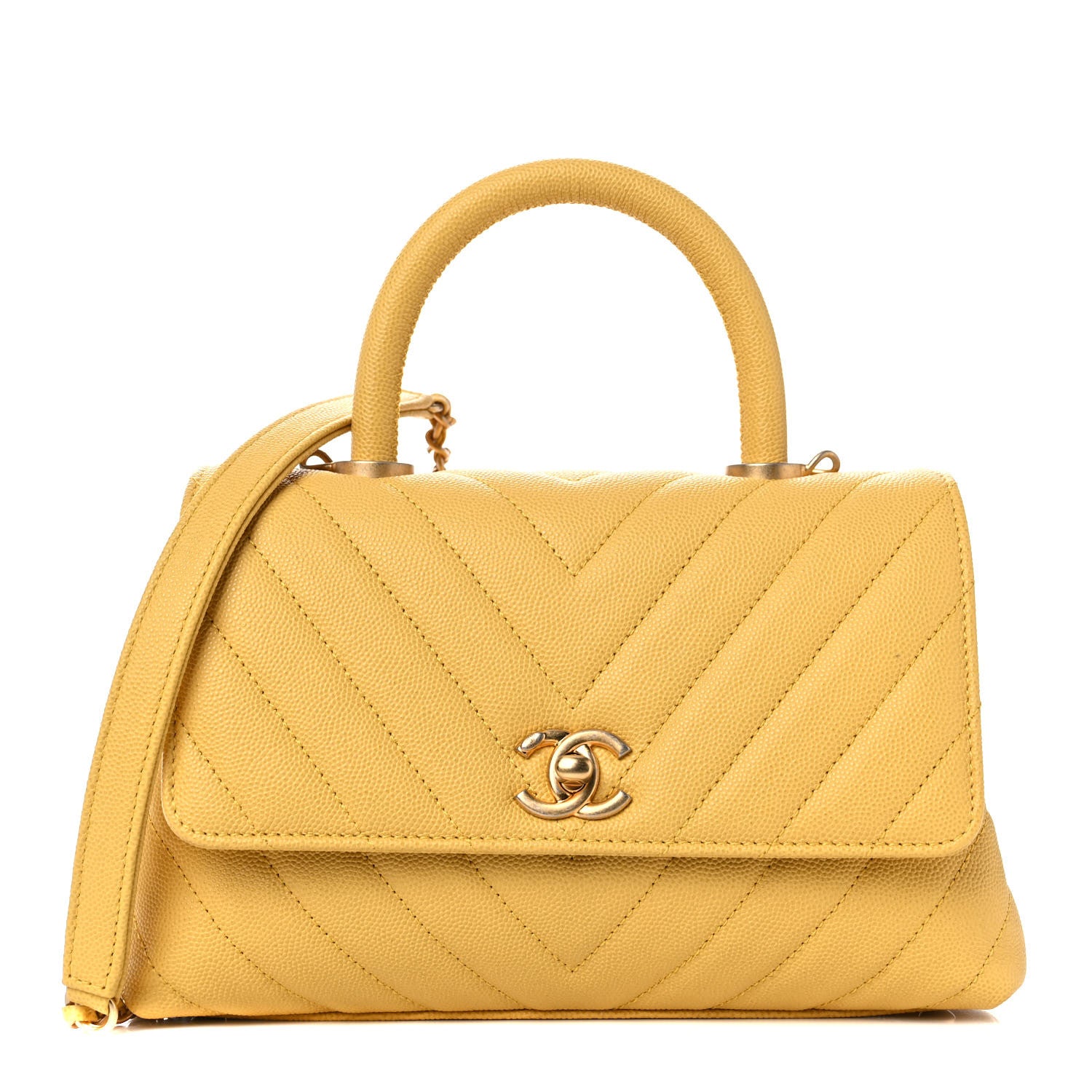 Chanel Caviar Chevron Quilted Mini Coco Handle Flap Yellow 1 of 9