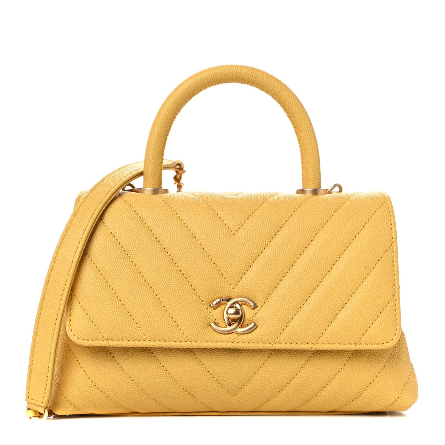 Caviar Chevron Quilted Mini Coco Handle Flap Yellow