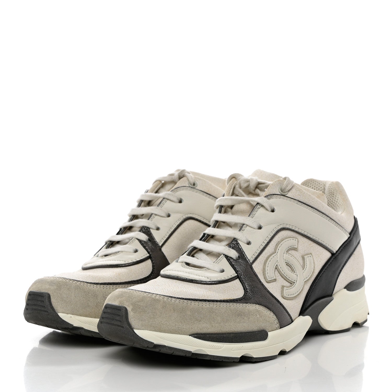 Chanel Suede Calfskin CC Sneakers 37 White Grey 3 of 8