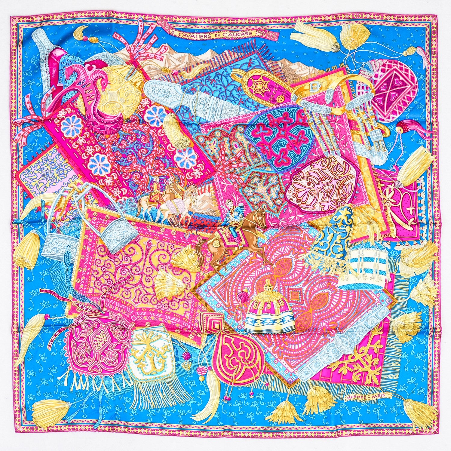 Hermes Silk Cavaliers du Caucase Scarf 90 Cobalt Fuchsia Vieil Or 2 of 5