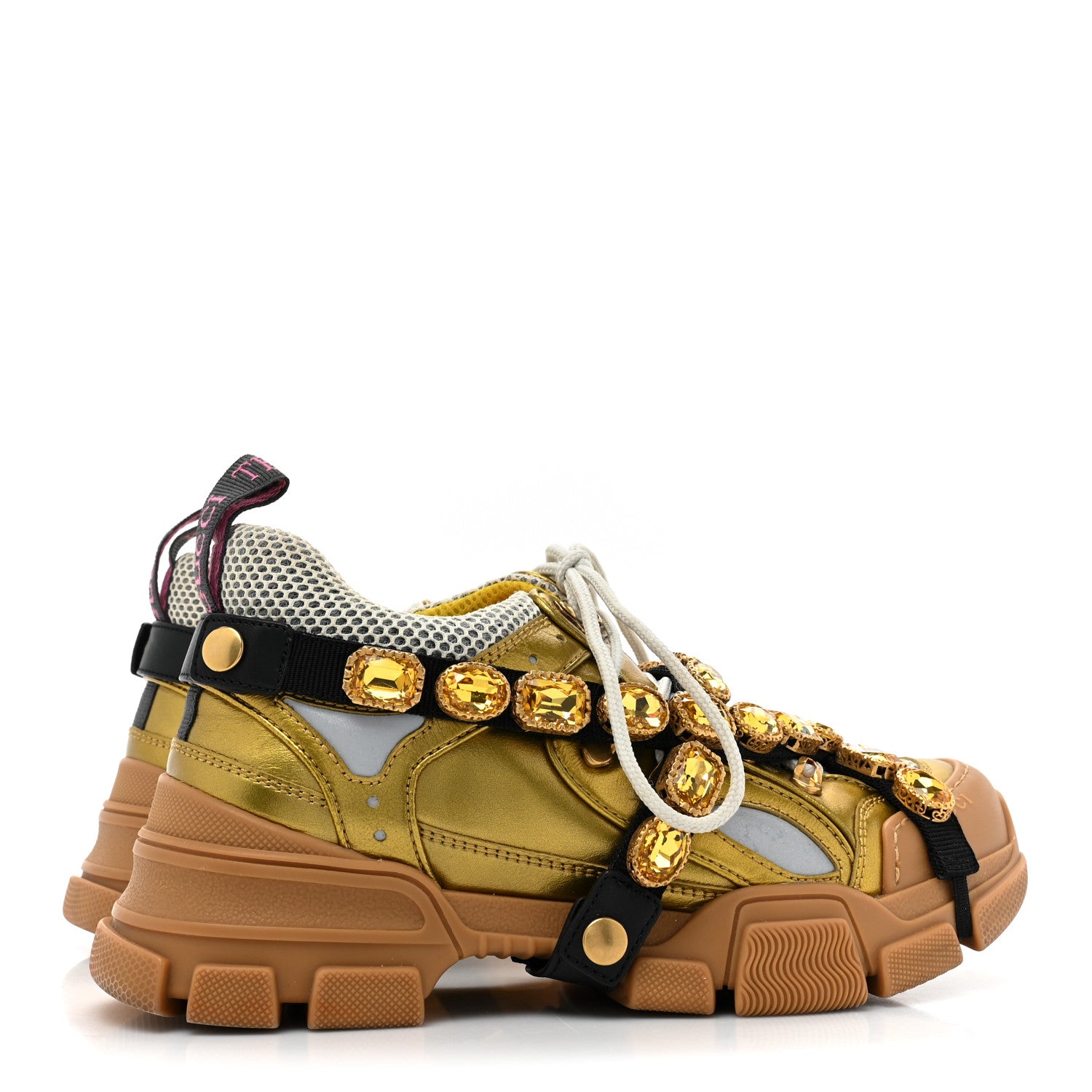 Gucci X SEGA Metallic Calfskin Mesh Removable Crystals Womens Flashtrek Sneakers 38.5 Oro Vecchio 5 of 8