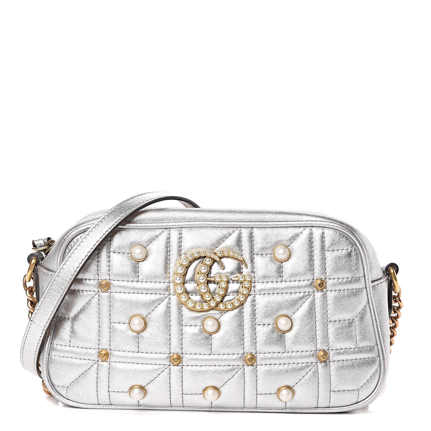 Gucci Metallic Calfskin Matelasse Studded Small Pearly GG Marmont Chain Shoulder Bag Silver 1 of 18