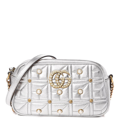 Gucci Metallic Calfskin Matelasse Studded Small Pearly GG Marmont Chain Shoulder Bag Silver 1 of 18