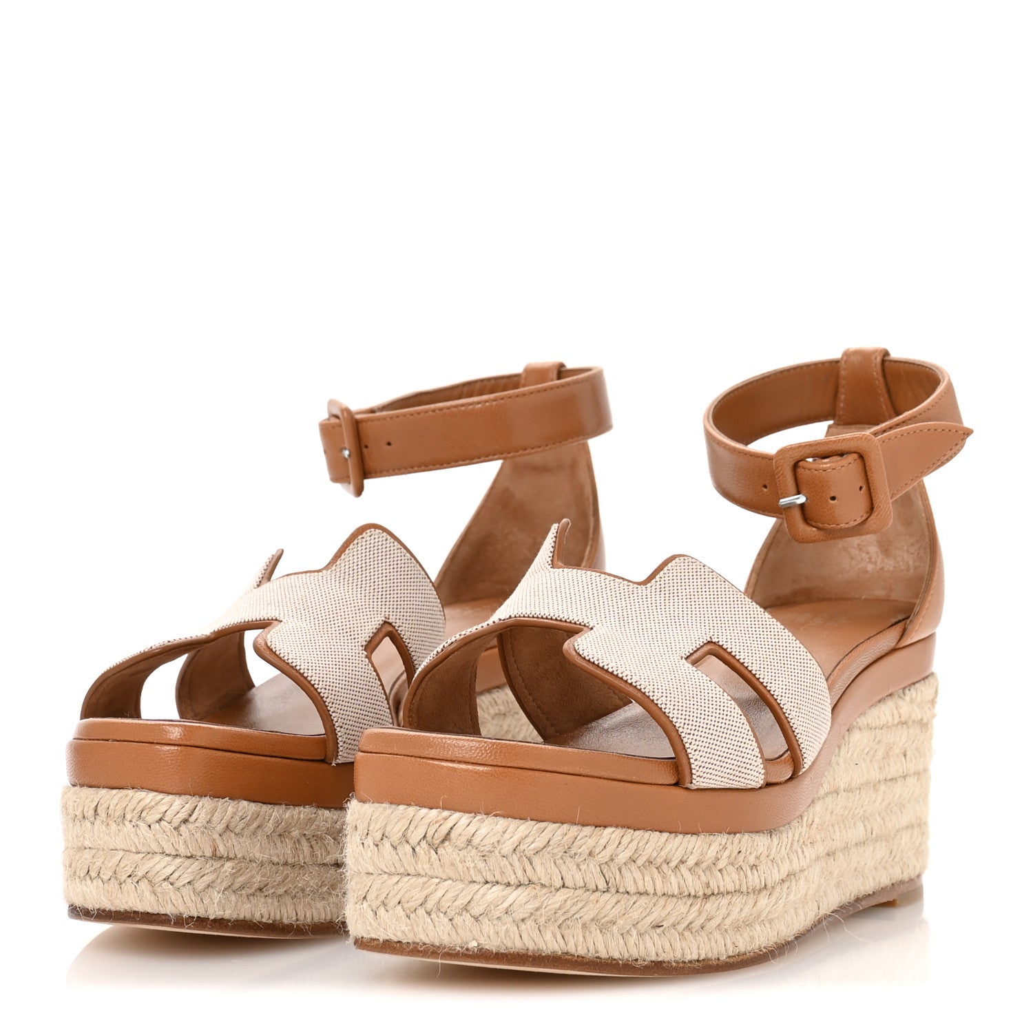 Hermes H Canvas Goatskin Elda Espadrille Wedge Sandals 36 Noisette Natural 4 of 8