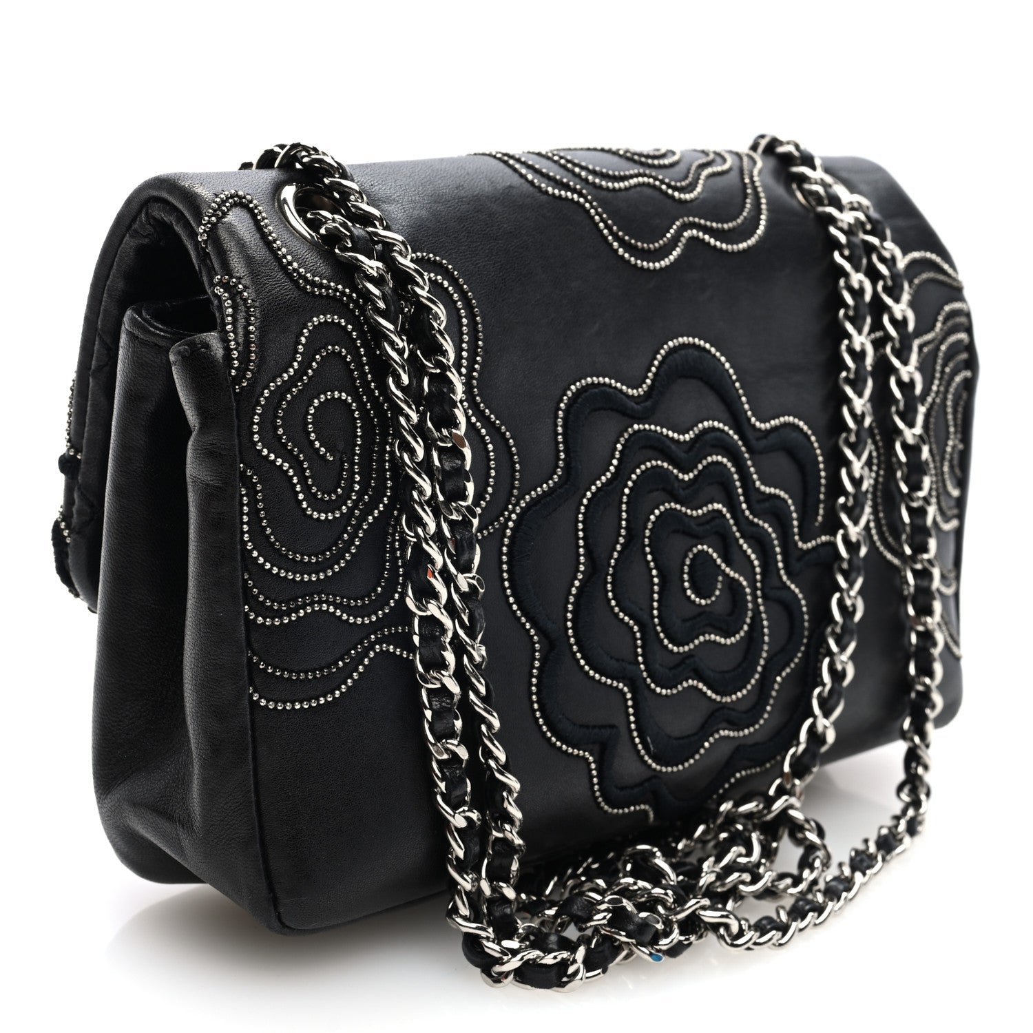 Chanel Lambskin Embroidered Camellia Follies Flap Black 3 of 10