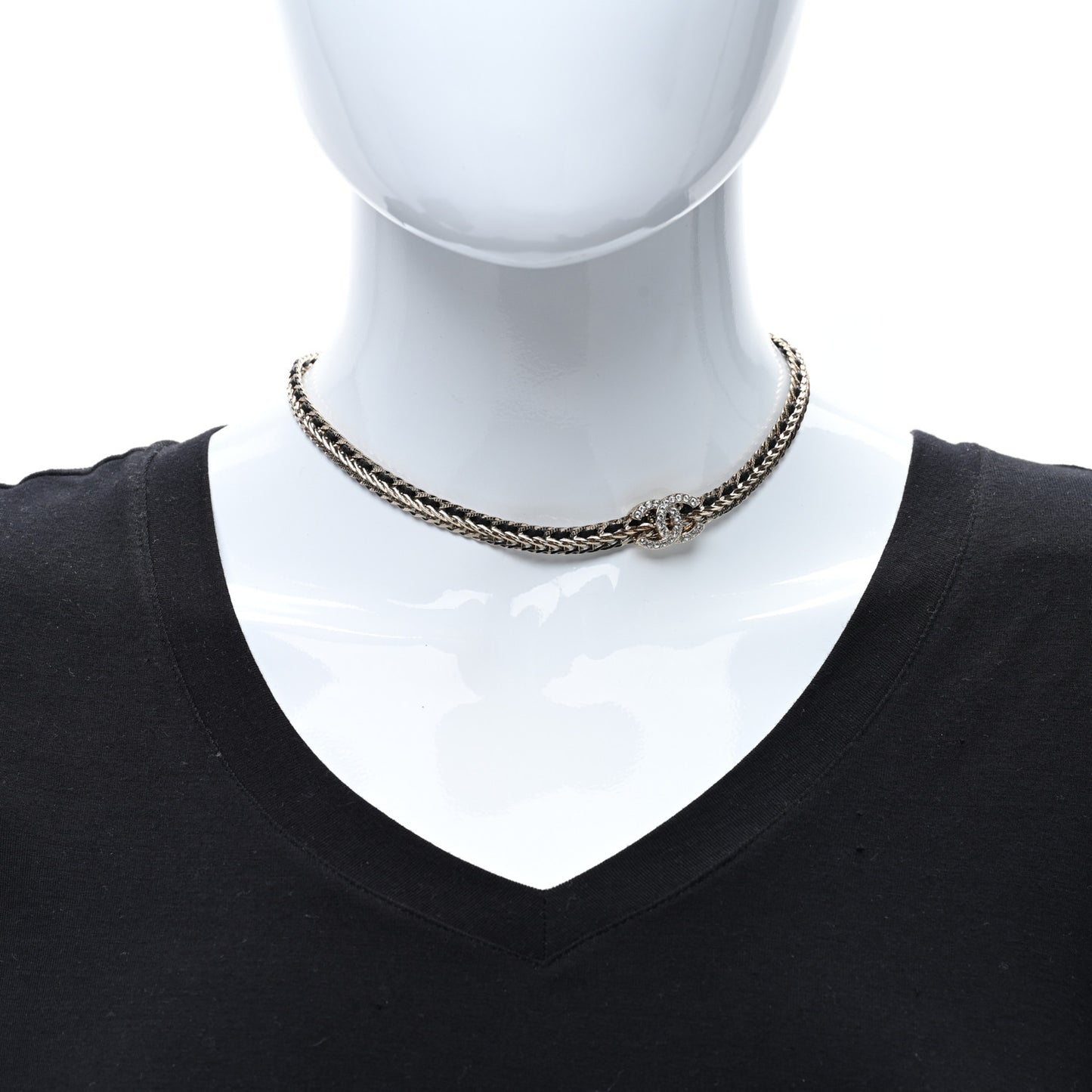 Metal Lambskin Crystal CC Chain Tie Headband Gold Black
