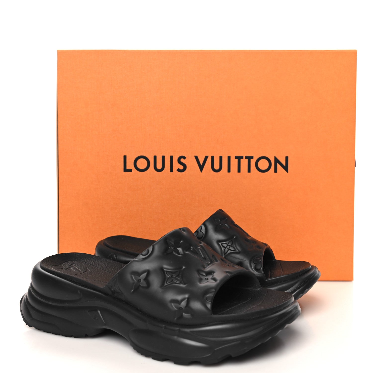 Louis Vuitton Rubber Embossed Monogram Pool 55 Flat Comfort Mule 37 Black 9 of 9
