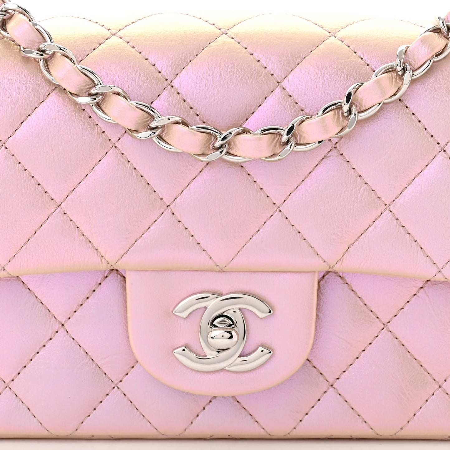 Iridescent Calfskin Quilted Mini Rectangular Flap Pink