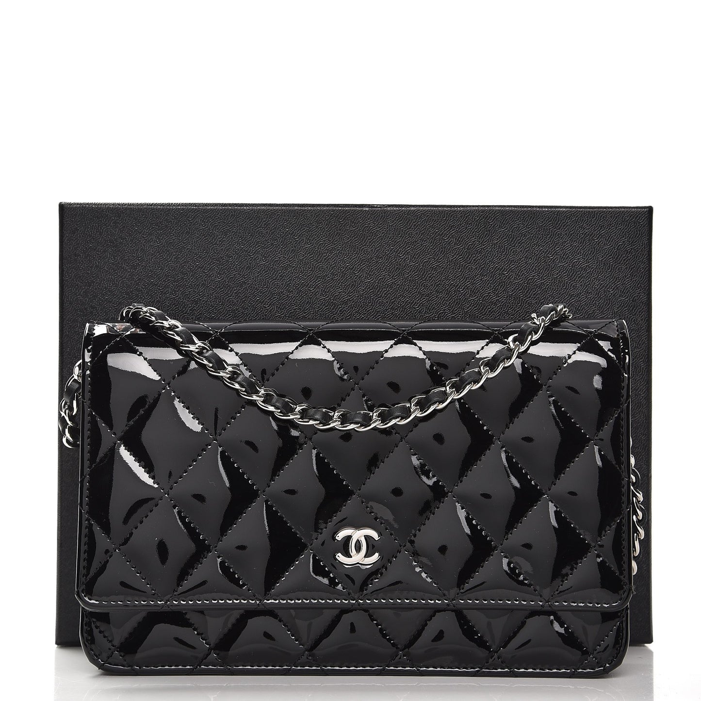 Patent Quilted Wallet On Chain WOC Black