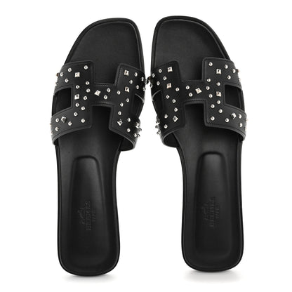 Hermes Calfskin Studded Oran Sandals 40 Black 2 of 11
