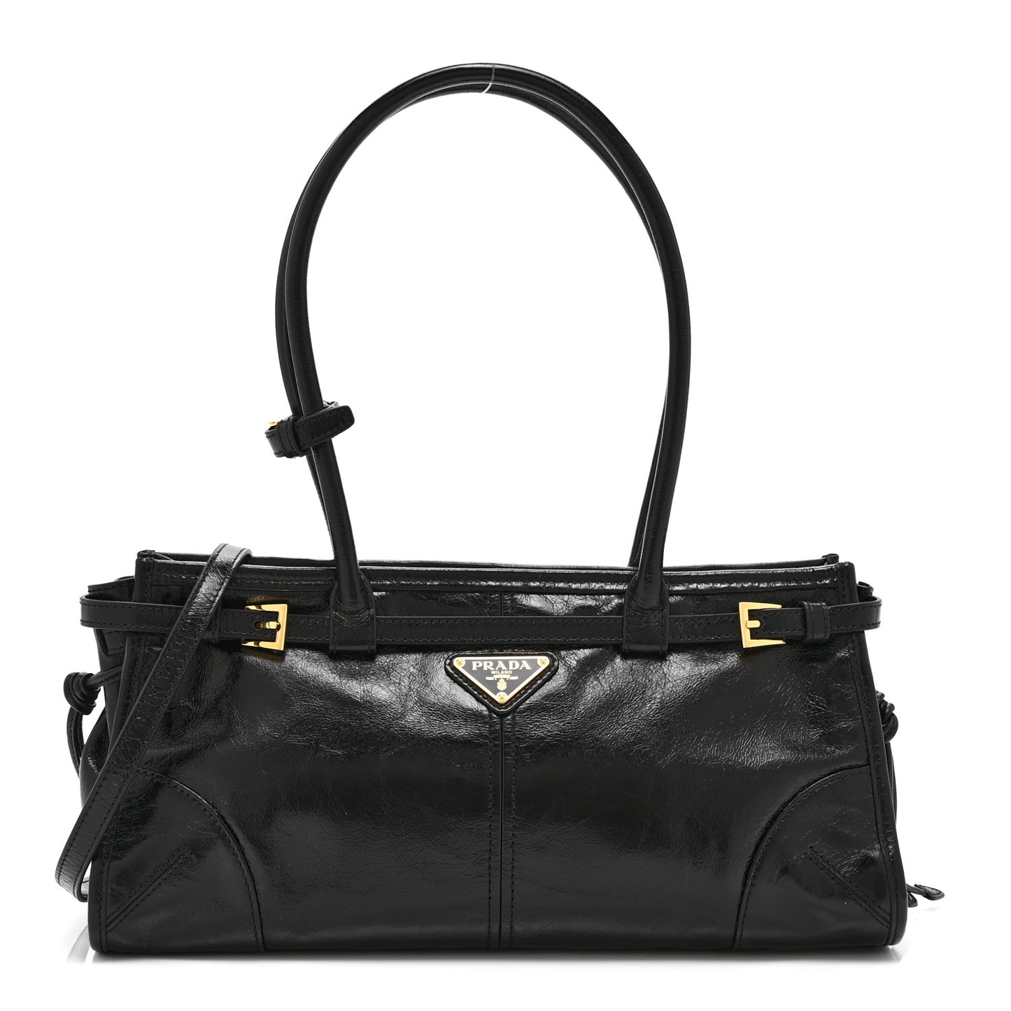 Glossy Calfskin Triangle Medium Bonnie Shoulder Bag Black