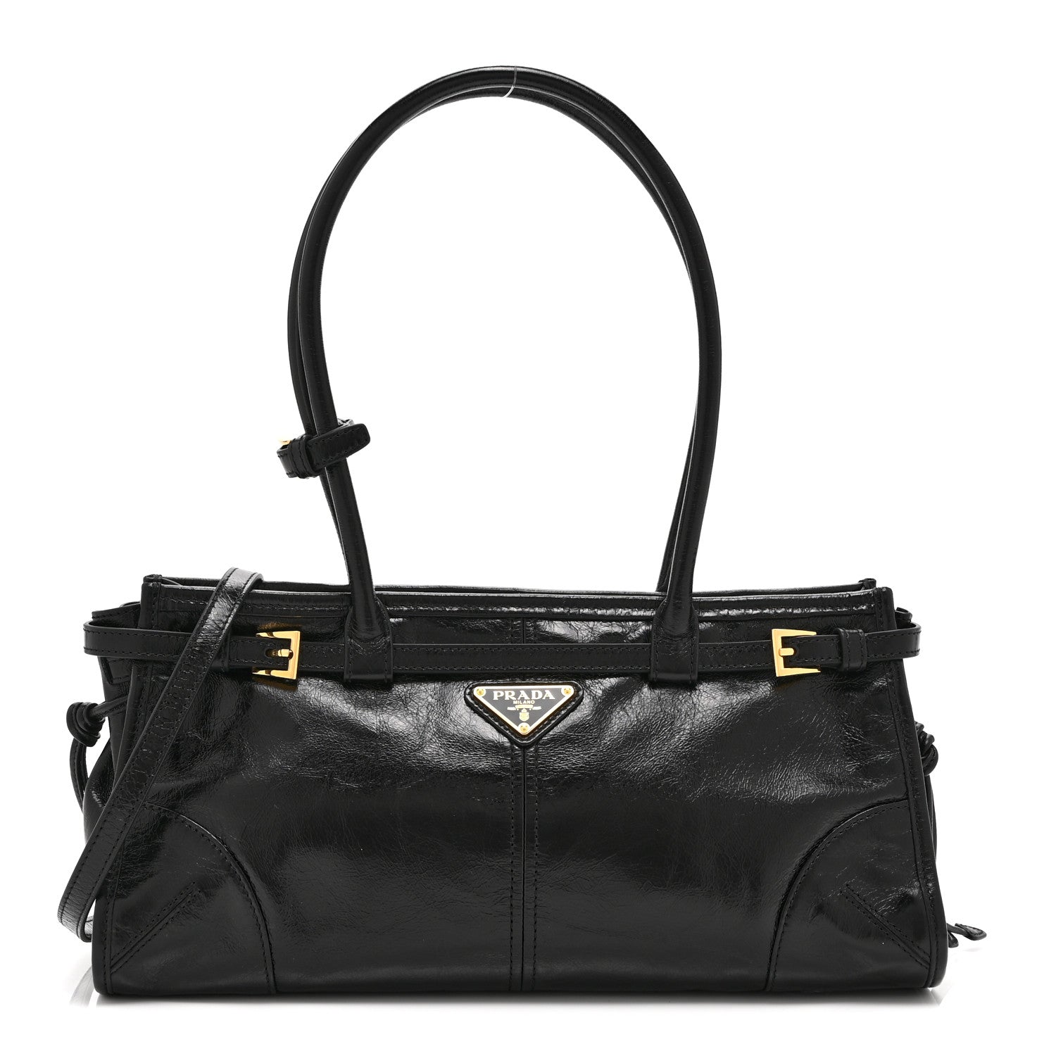Prada Glossy Calfskin Triangle Medium Bonnie Shoulder Bag Black 1 of 10