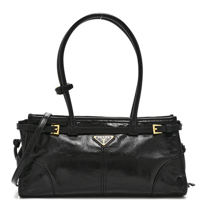 Prada Glossy Calfskin Triangle Medium Bonnie Shoulder Bag Black 1 of 10