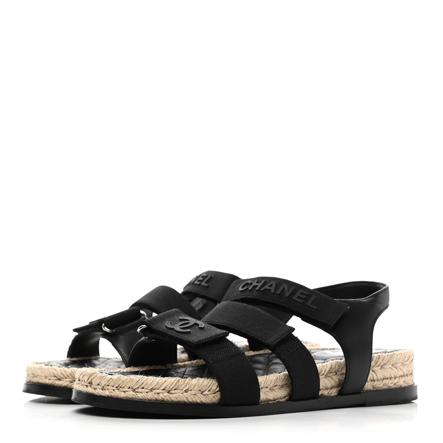 Stretch Fabric Lambskin CC Flat Sandals 38 Black