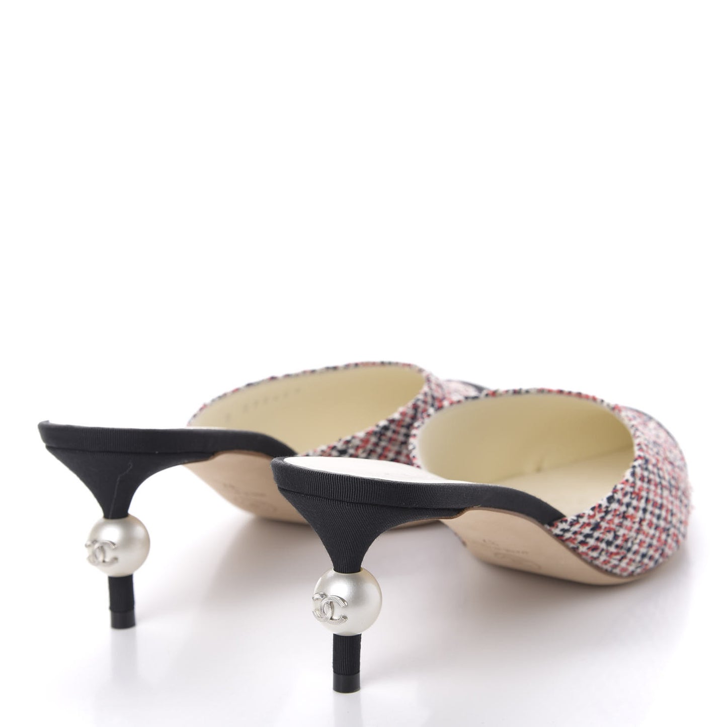 Tweed Grosgrain Pearl Cap Toe Mules 37 Black Red